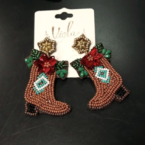 Christmas Seed Bead Western Style Boot Earrings - Picture 1 of 5